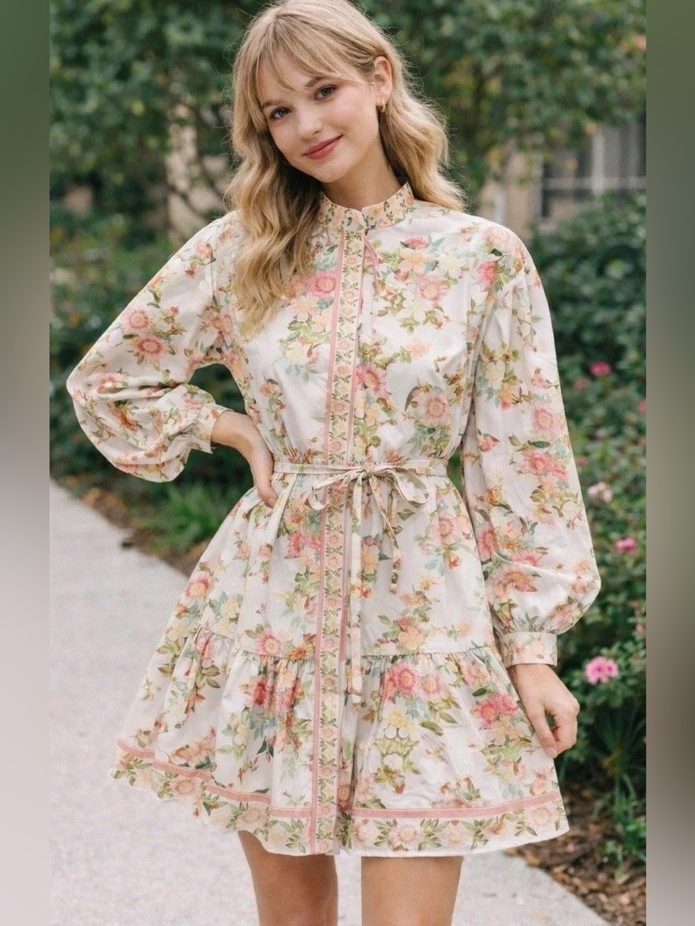 Alex Marie Floral Tie-Waist Long Sleeve Mini Dress - Cream, Pink & Green